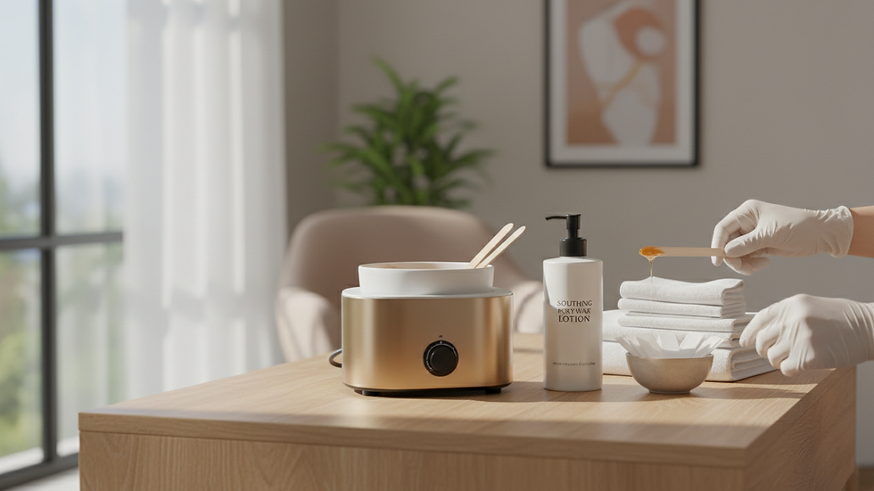 Eye-level view of waxing kit with wax warmer, spatulas, and soothing lotion