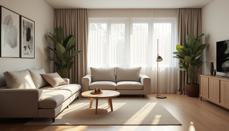 Vue rapprochée d’un salon rénové avec mobilier moderne et lumière naturelle