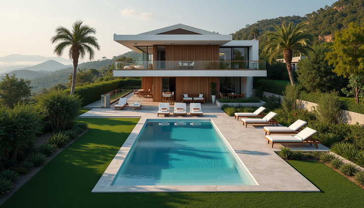 Vue en plongée d’une villa moderne avec piscine et jardin paysager