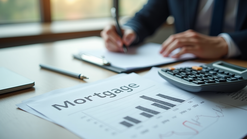 Eye-level view of a desk with mortgage documents and a calculator