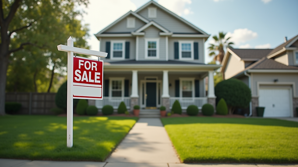 Eye-level view of a suburban house with a "For Sale" sign
