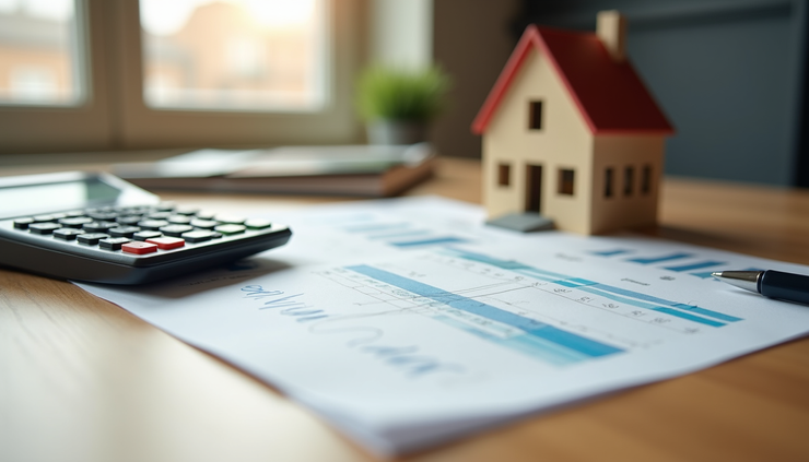Eye-level view of a house model beside a calculator and mortgage documents on a wooden table