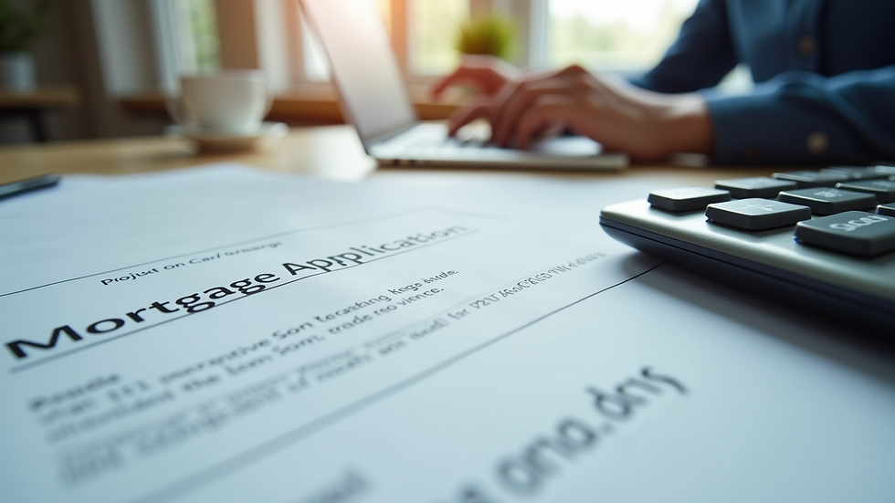 Eye-level view of a desk with mortgage application documents and a calculator