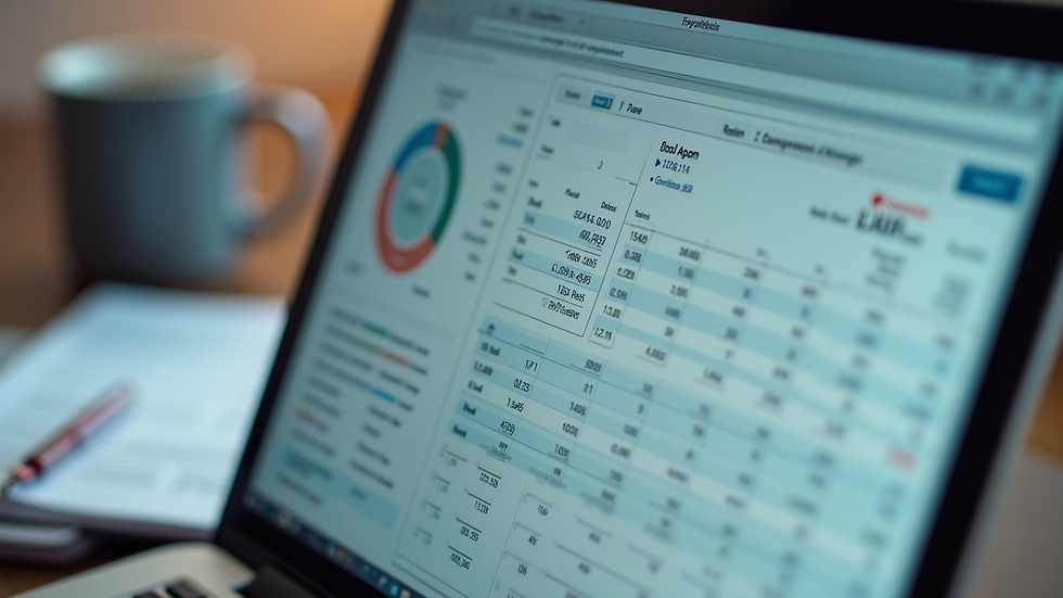 Close-up view of a laptop screen showing financial spreadsheets and tax documents