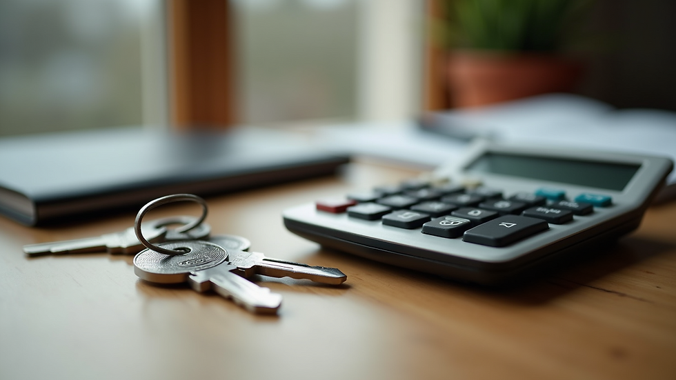 Close-up view of a calculator and house keys on a wooden table