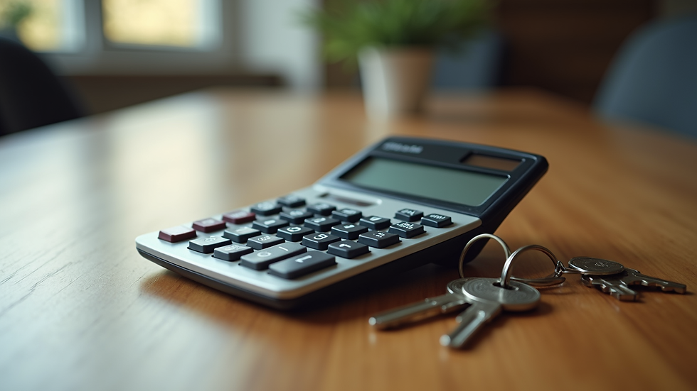Close-up view of a calculator and house keys on a wooden table