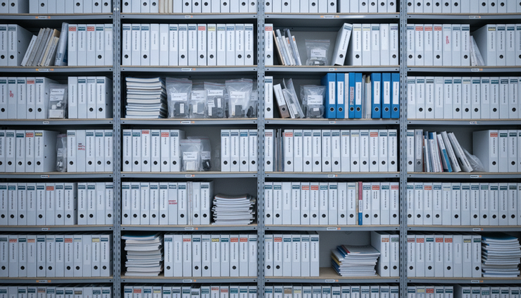 Overhead view of archived compliance binders and labelled product samples on metal shelving.