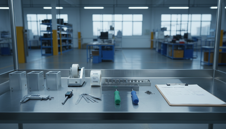 Wide-angle view of a manufacturing workbench with product labels and inspection gauges.