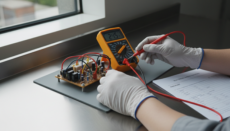 Close-up view of a technician using measurement tools on an electrical component.