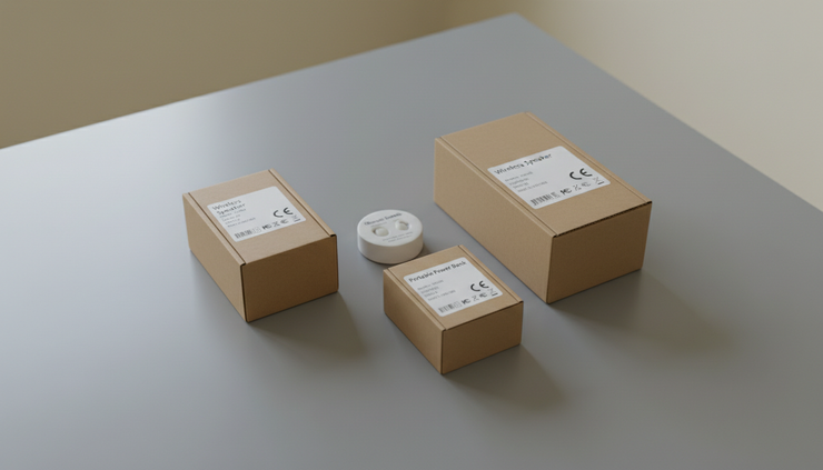 Overhead view of packaged consumer devices arranged for a compliance inspection