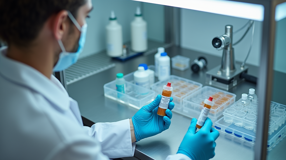 High angle view of a product testing laboratory with equipment and samples