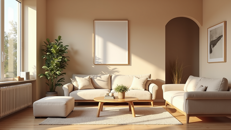 Eye-level view of a beautifully painted living room with warm neutral tones