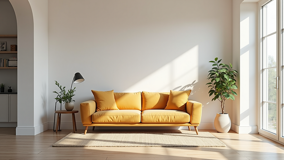 Eye-level view of a beautifully painted living room with soft white walls and colorful accents