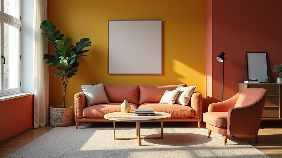 Eye-level view of a beautifully painted living room with bold colors and textured finishes