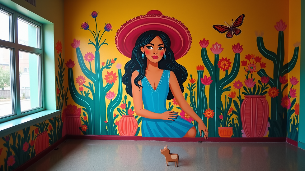 High angle view of a colorful mural celebrating Latina heritage in a community center