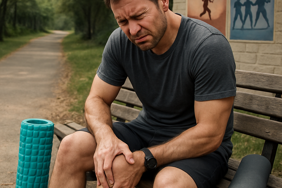 A fit male sitting on a park bench afte foam-rolling showing that he is in pain from his hips.
