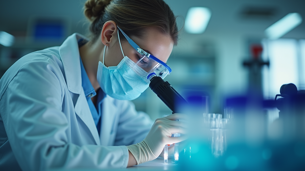 Eye-level view of a laboratory technician analyzing peptide samples with scientific instruments