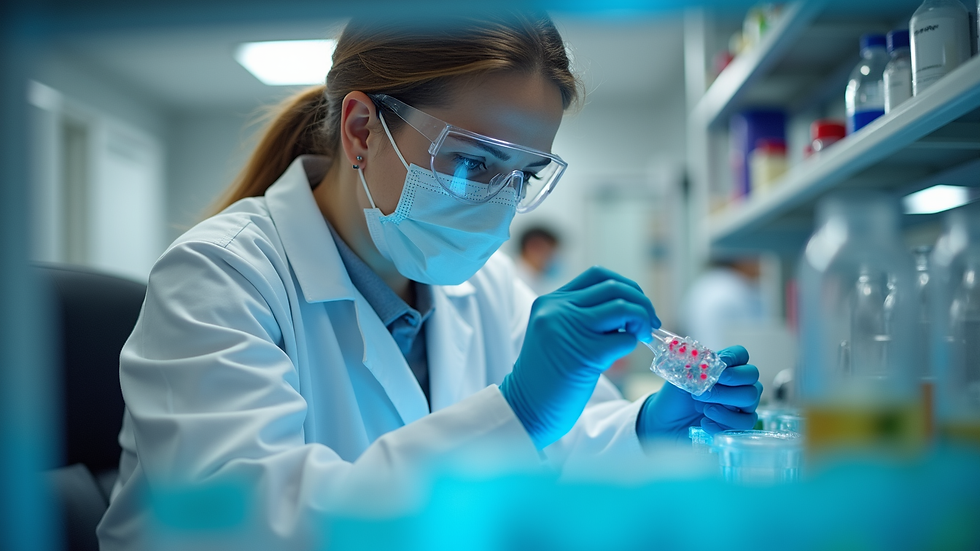 Eye-level view of a scientist working with cell cultures in a laboratory