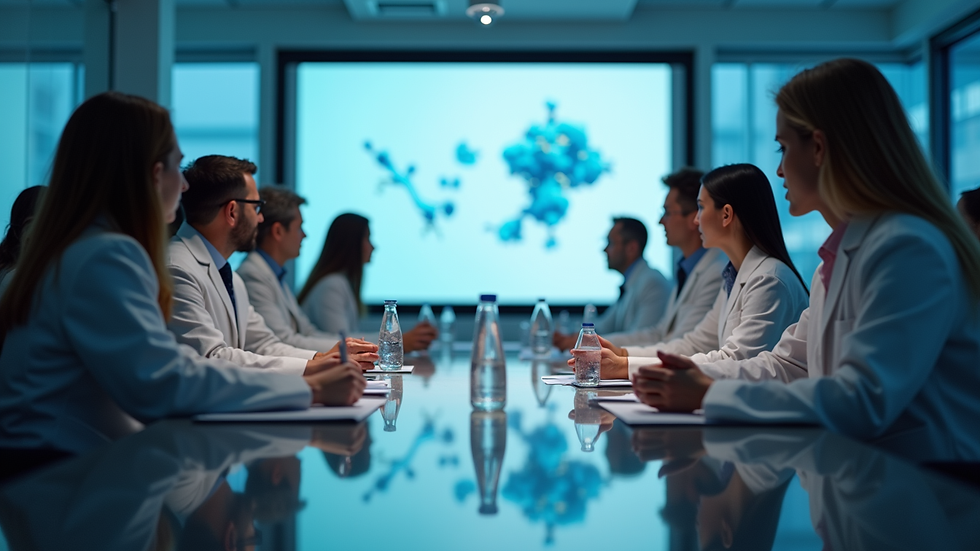 Eye-level view of a scientific conference with researchers discussing peptides