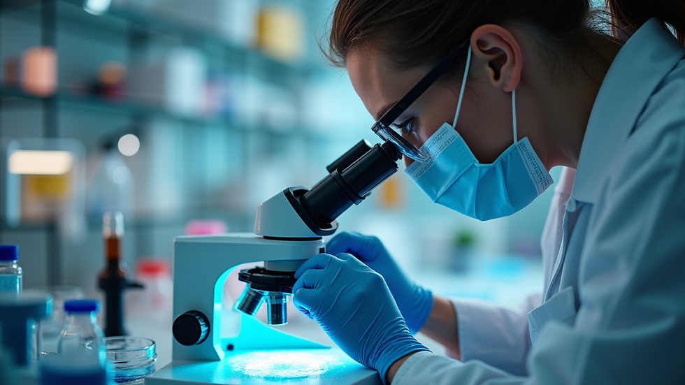 Eye-level view of scientific researcher examining peptide samples under microscope