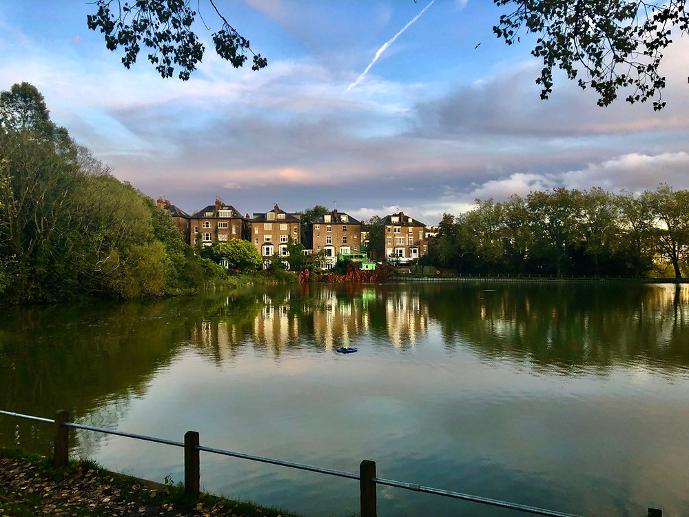 A beautiful view of the Hampstead ponds in Hampstead Heath, Hampstead, London