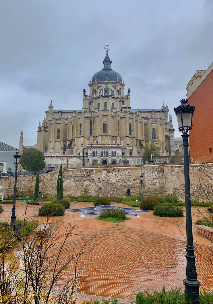 The Catedral de la Almudena sitting behind Parque Emir Mohamed, home to the oldest part of the city of Madrid