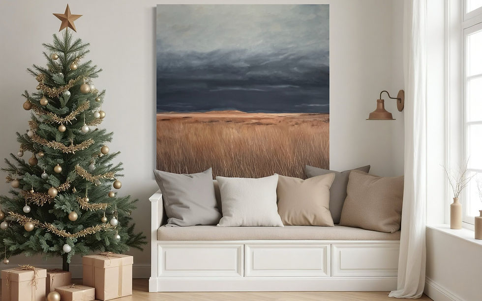 Landscape painting of a storm over a grassy field