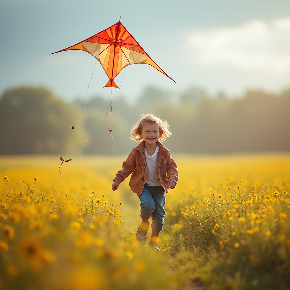A smiling child flying a kite