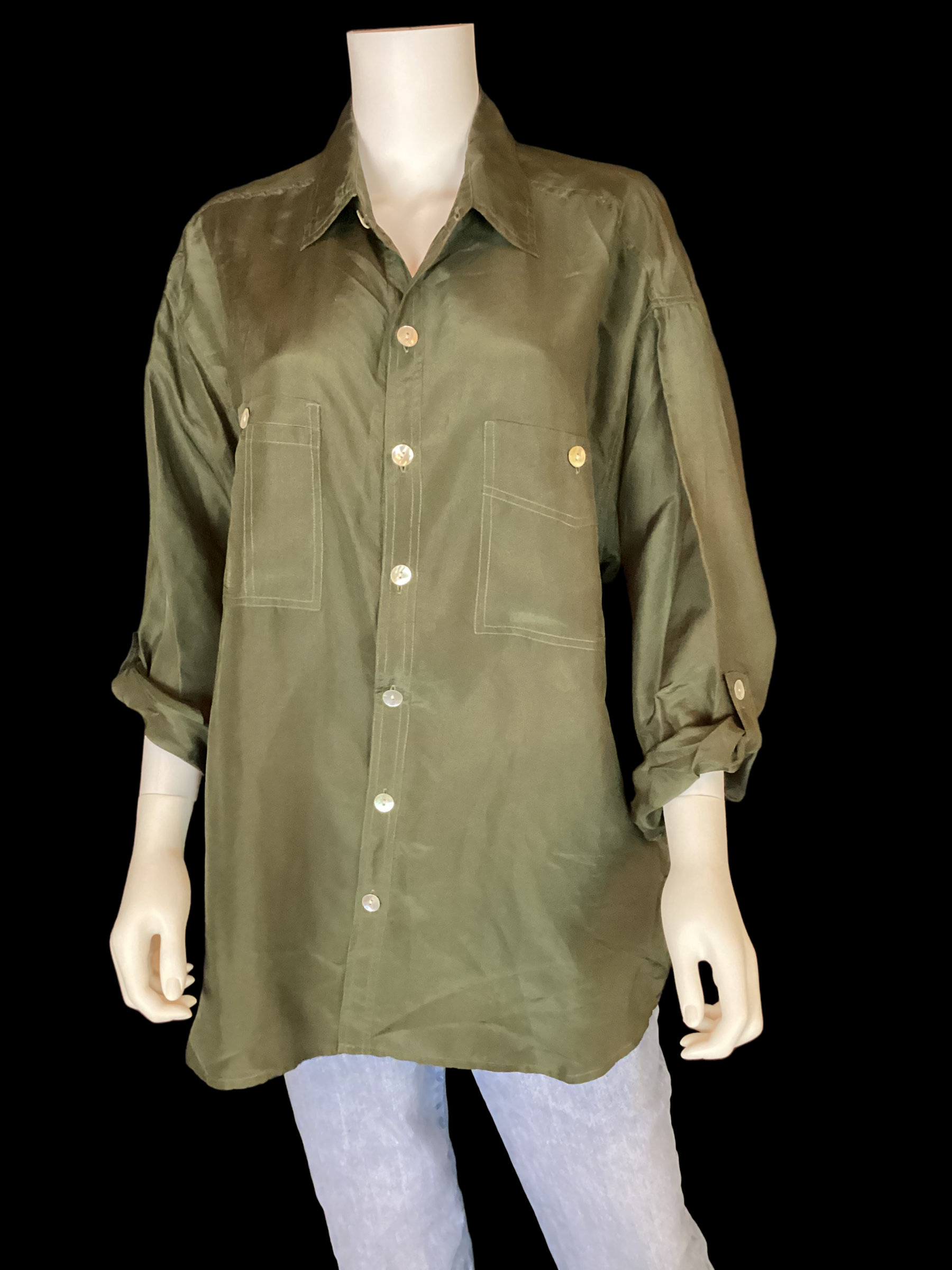Olive green, Silk Button-Up                                     SIZE: 2