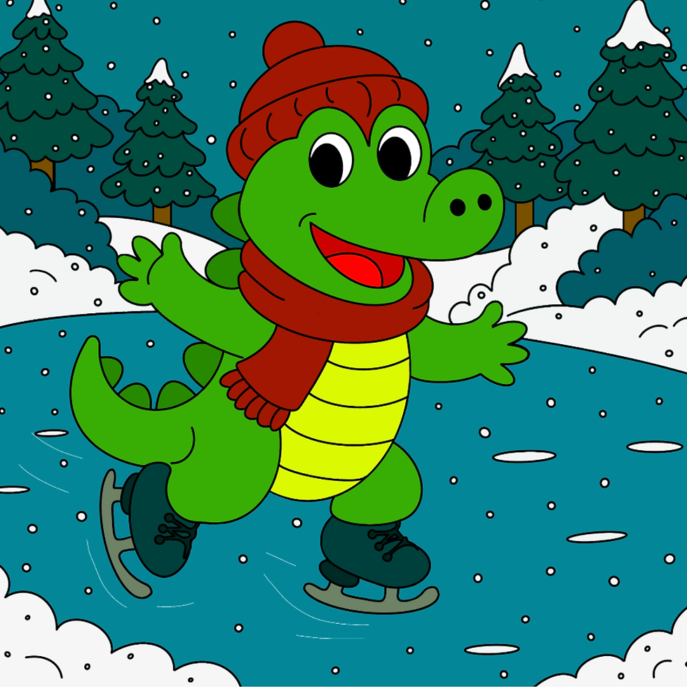 The Bristol Crocodile ice skating while wearing a red hat and scarf.