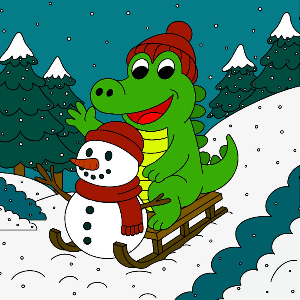 The Bristol Crocodile tobogganing with a snowman. Both wearing a red hat and scarf.