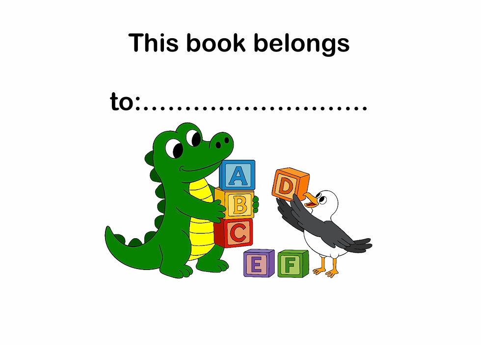 "This book belongs to". Green crocodile holding ABC blocs.