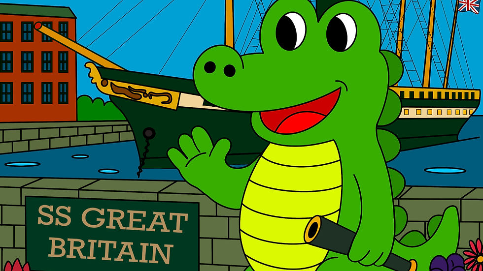 Green cartoon crocodile waves by ship SS GREAT BRITAIN at a harbor, with blue water, brick wall, and docked masts.