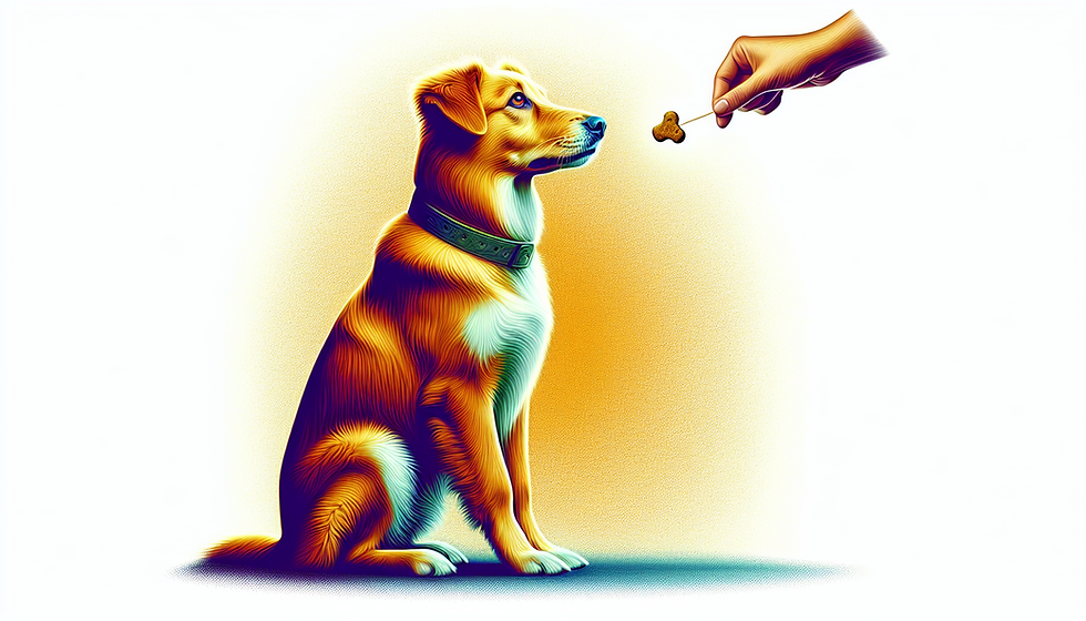 A colorful illustration of a dog resisting the temptation of a treat as part of the 'leave it' command training