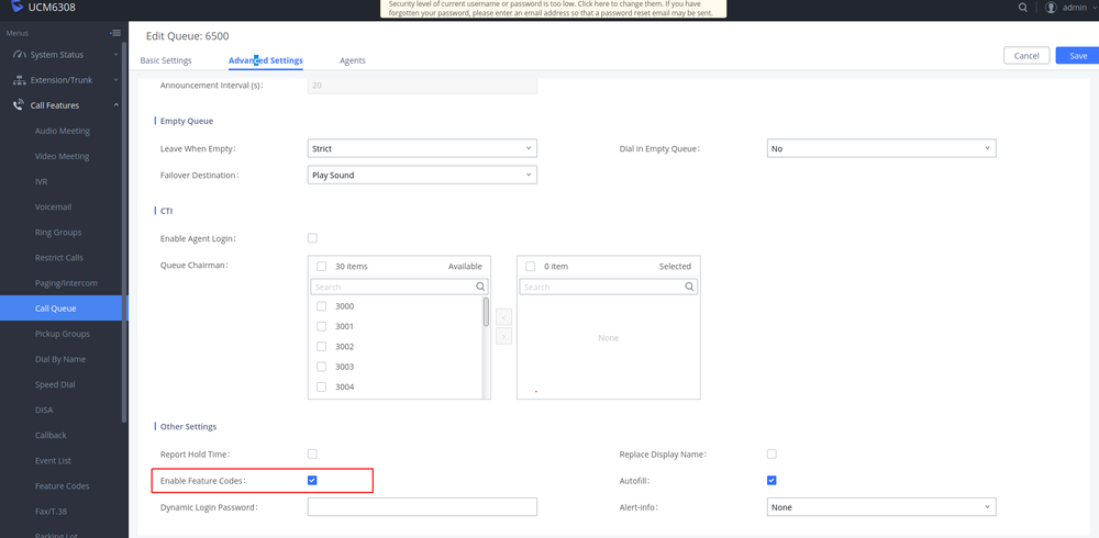 Figure 1: Enable Feature Codes under Call Queue to allow call transfer from Wave iOS app