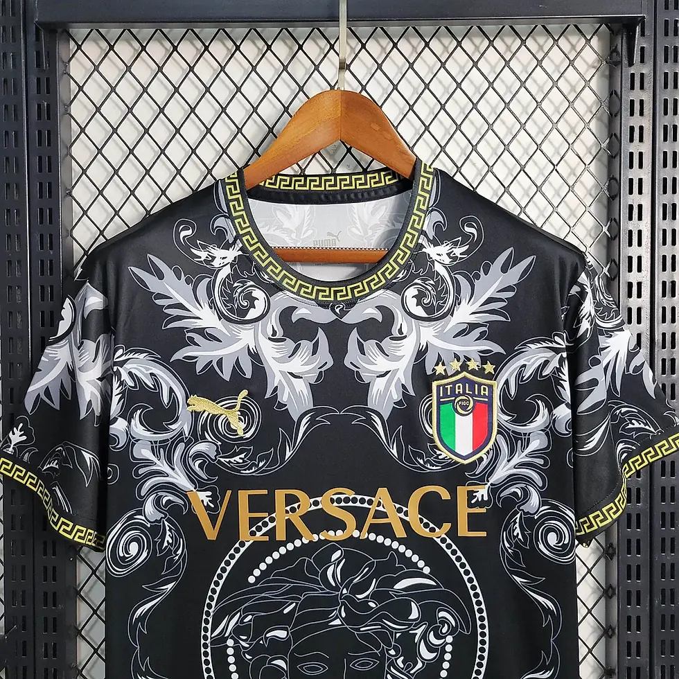 Thumbnail: Black Versace Italy soccer jersey with white baroque patterns