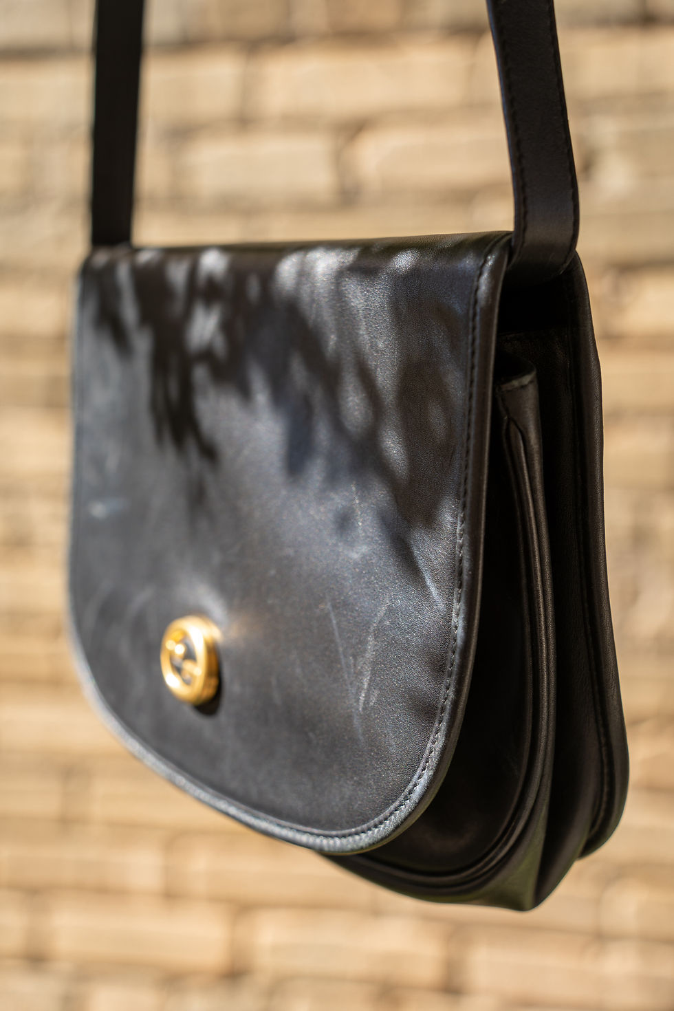 Thumbnail: Gucci black leather shoulder bag w/ Vintage 1980 gold hardware