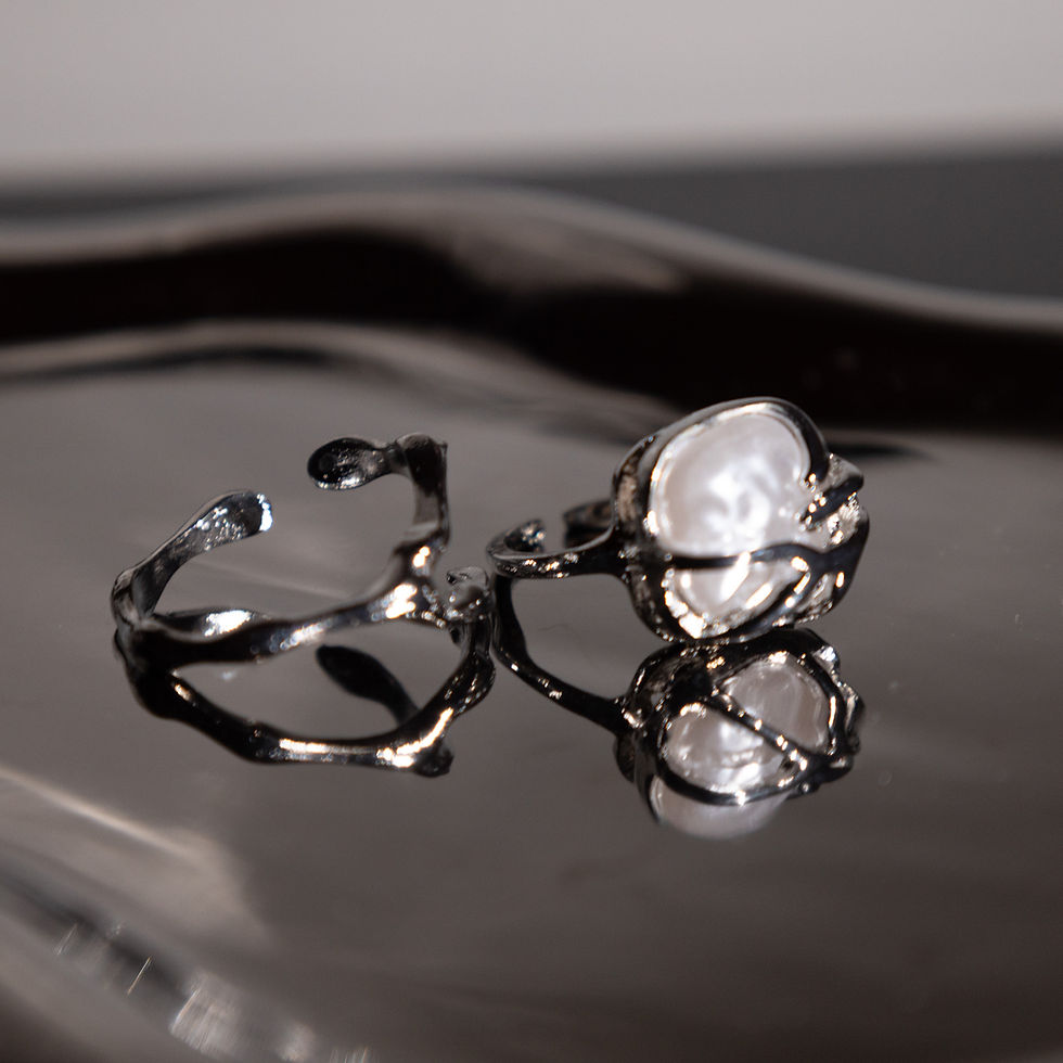 Silver Liquid Shape with Pearl 2 in1 Rings