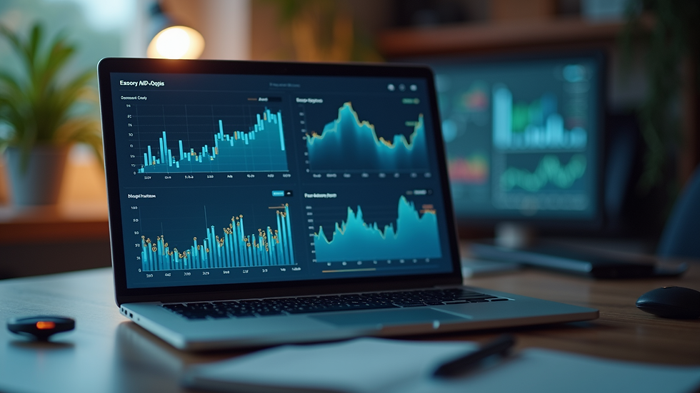High angle view of a laptop screen showing financial dashboards and charts