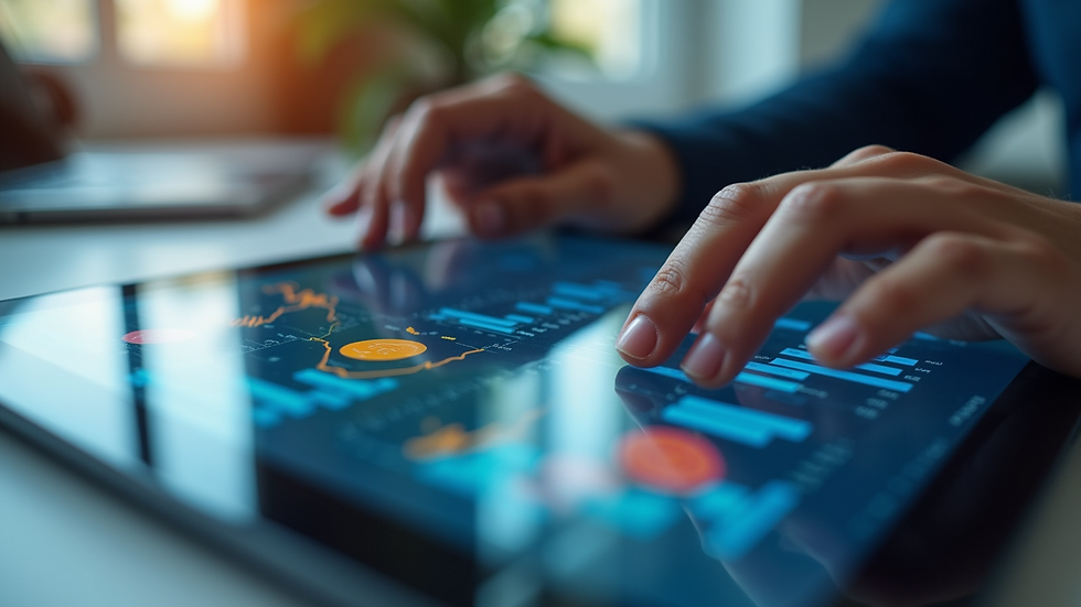 Close-up view of a financial dashboard on a tablet with charts and graphs