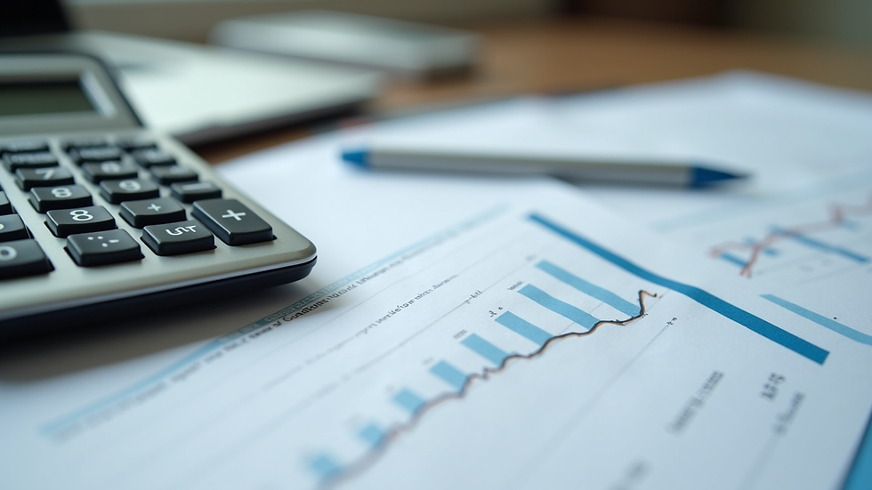 Close-up view of financial documents and a calculator on a desk