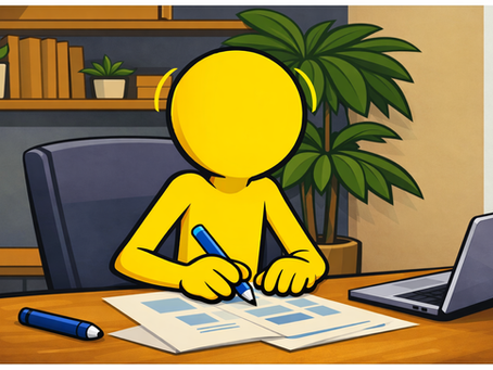 Awake & Aware yellow mascot writing at a desk with charts and a laptop.