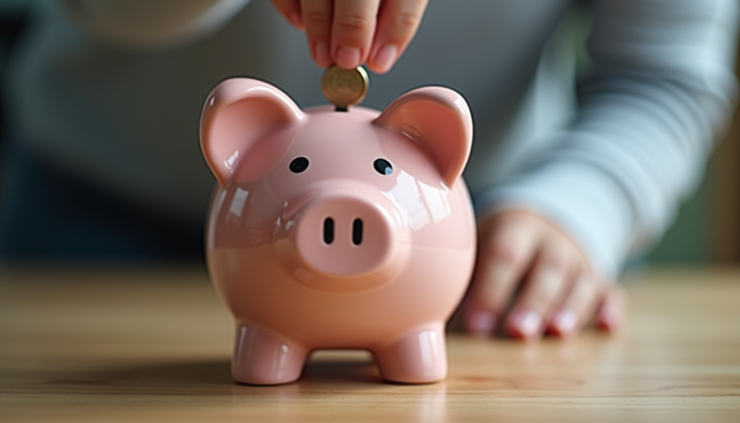 Close-up view of a piggy bank with coins being inserted
