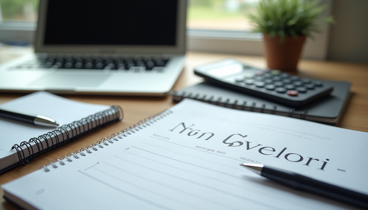 Eye-level view of a neatly organized desk with a laptop, notebook, and calculator