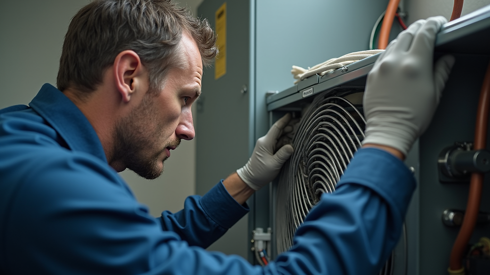 Eye-level view of HVAC technician inspecting a heating unit