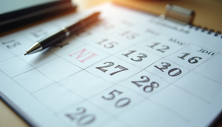 High angle view of a calendar with financial notes and a pen