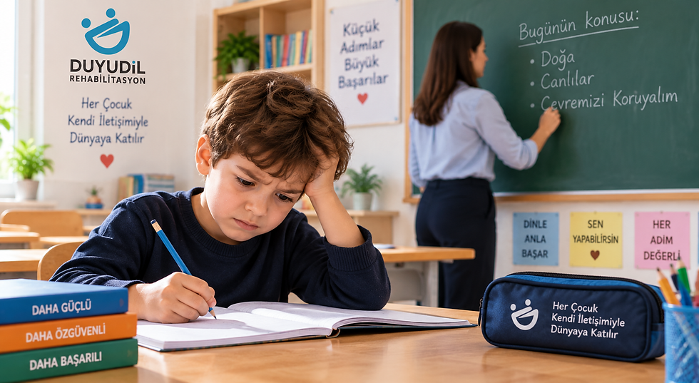 Tahtadaki yazıları defterine geçirmekte zorlanan çocuğun görsel motor, ince motor, dikkat ve yazma becerilerini kullanarak sınıfta çalışma yaptığı eğitim ortamı.