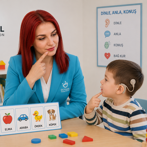 İşitme cihazı kullanan bir çocuğun dil ve konuşma terapisti eşliğinde işitsel dikkat, sesleri ayırt etme ve konuşma becerilerini geliştirdiği terapi ortamı.