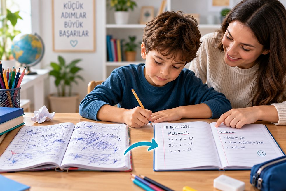 Defter düzeni ve sayfa kullanma becerilerini geliştirmek için çalışan çocuğun ince motor, görsel-motor koordinasyon, dikkat ve organizasyon becerilerini destekleyen çalışma ortamı.