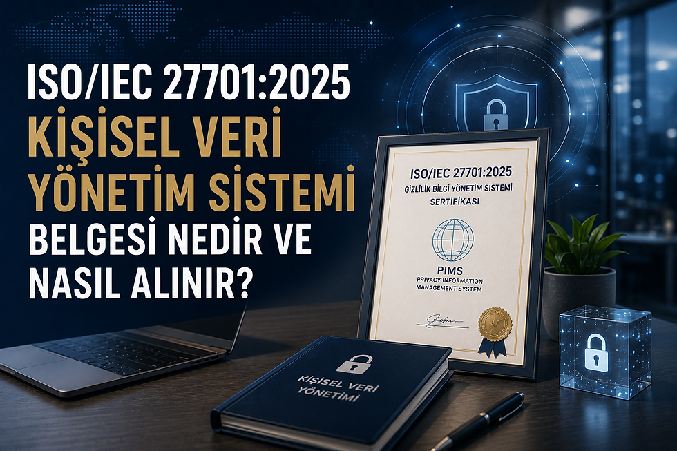 ISO/IEC 27701:2025 Kişisel Veri Yönetim Sistemi belgesi, PIMS kurulumu, gizlilik risk yönetimi, KVKK ve GDPR uyumu ile belgelendirme sürecini anlatan kurumsal görsel.